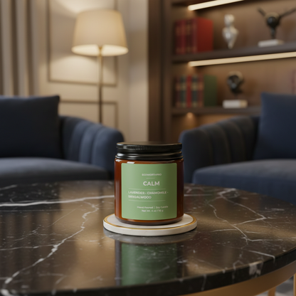 ECOWORTHPRO CALM lavender chamomile sandalwood mini soy candle  on living room table 