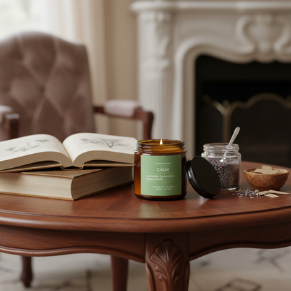 ECOWORTHPRO CALM natural soy wax candle lavender chamomile sandalwood glowing in cozy bedroom reading setup with books