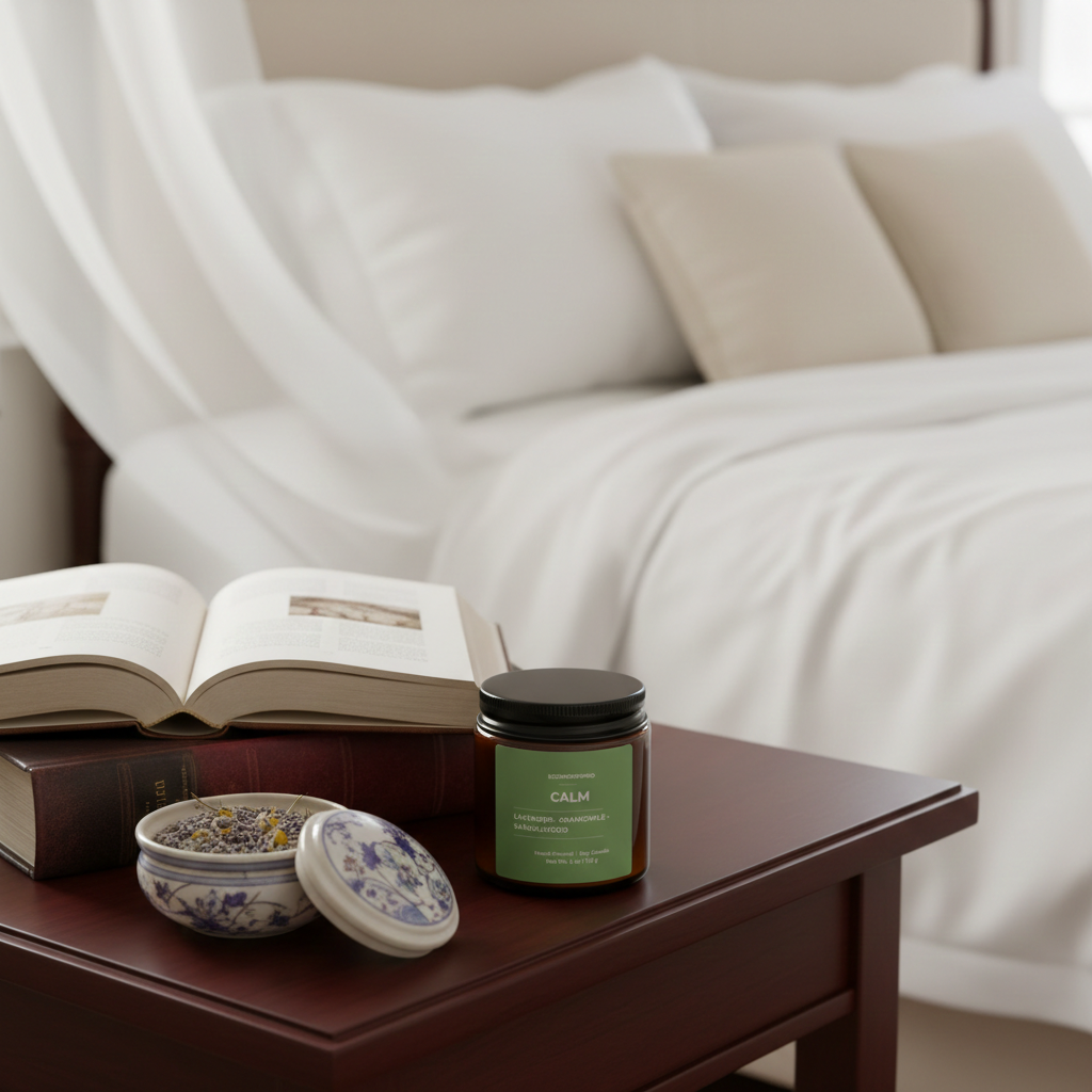 ECOWORTHPRO CALM non-toxic bedtime candle with lavender chamomile and sandalwood relaxing beside books in bedroom