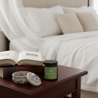 ECOWORTHPRO CALM non-toxic bedtime candle with lavender chamomile and sandalwood relaxing beside books in bedroom
