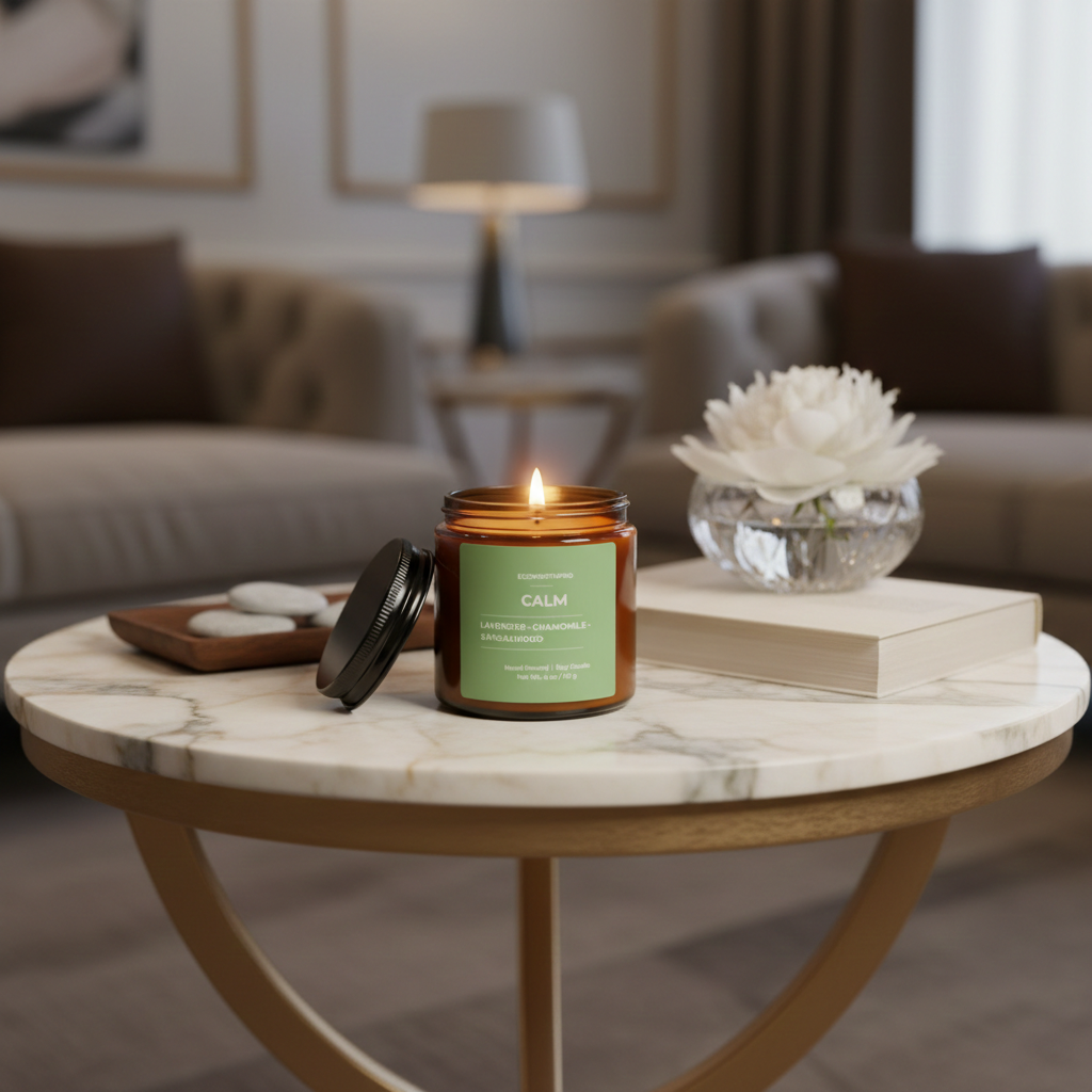 ECOWORTHPRO CALM reusable glass jar candle lavender chamomile sandalwood fragrance in relaxing living room reading space