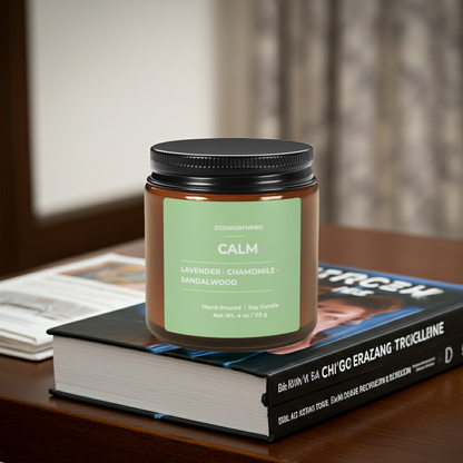 ECOWORTHPRO CALM soy wax candle lavender chamomile sandalwood in cozy living room with books and warm lighting
