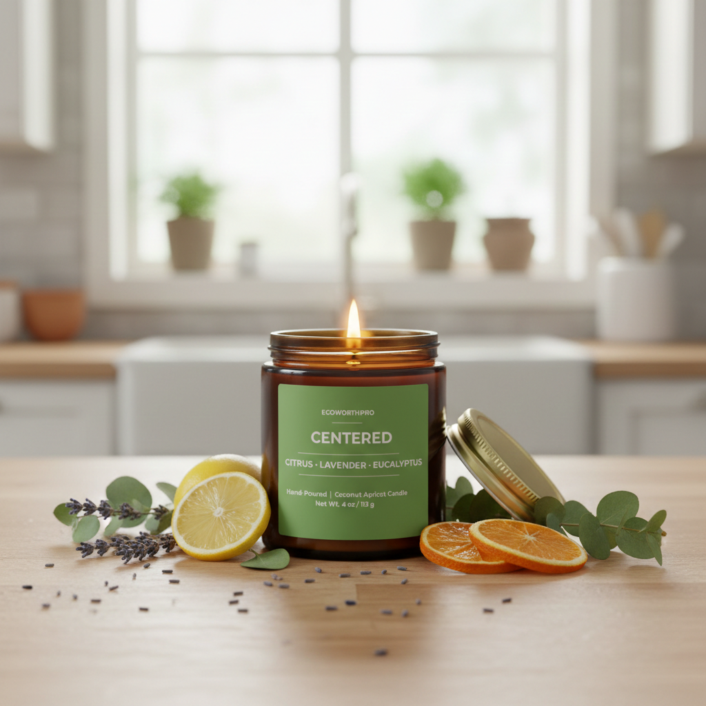 ECOWORTHPRO CENTERED bergamot and eucalyptus scented mini candle burning with sliced lemons, oranges, lavender, eucalyptus leaves and candle lid on a kitchen worktop