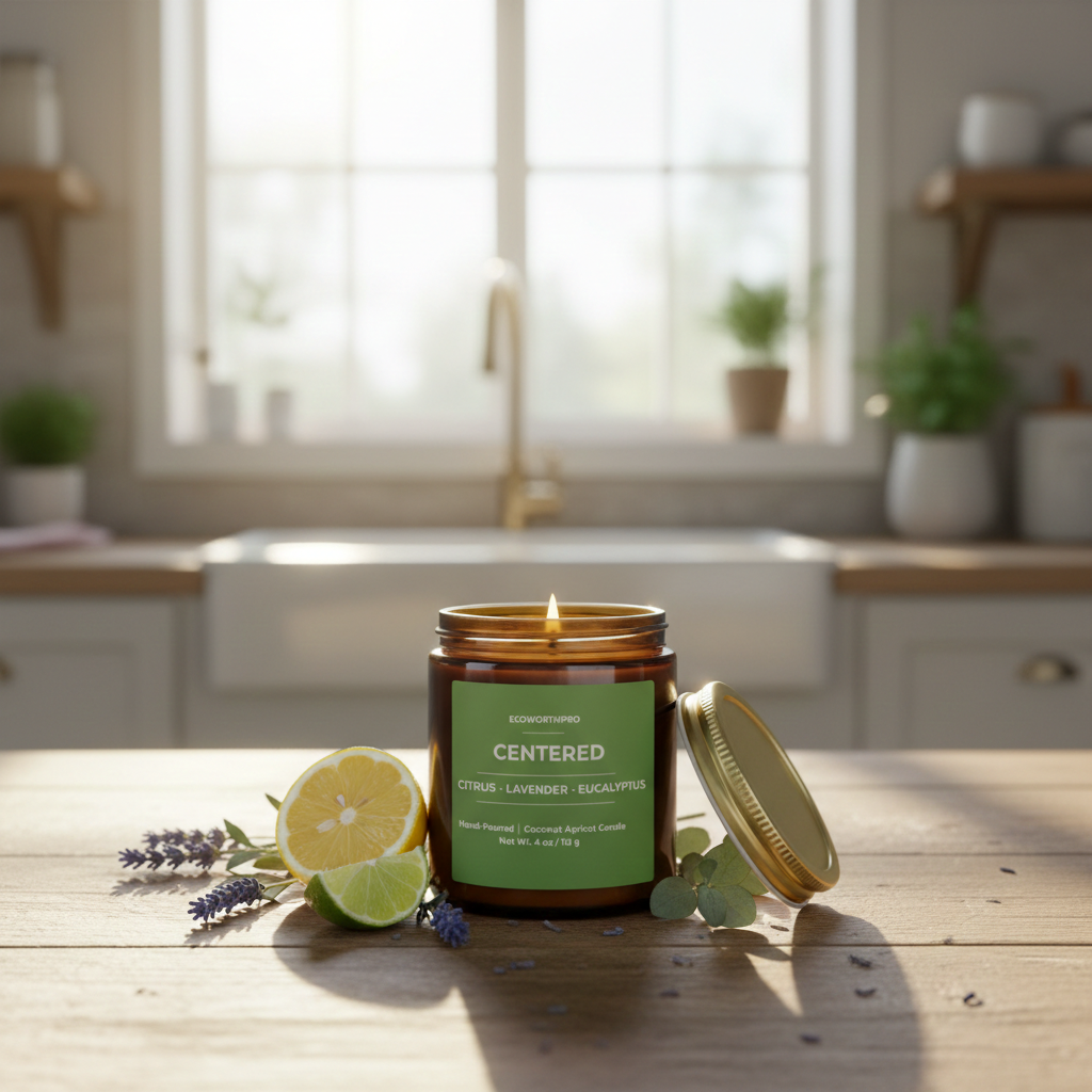 ECOWORTHPRO CENTERED citrus and camphor mini candle burning beside lemons, oranges, lavender, eucalyptus leaves and candle lid on a bright kitchen worktop