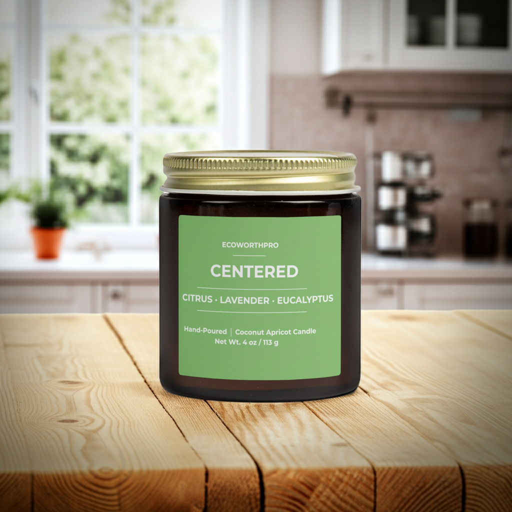 ECOWORTHPRO CENTERED eucalyptus scented mini candle displayed on a kitchen worktop, premium hand-poured coconut apricot wax wellness candle in reusable glass jar
