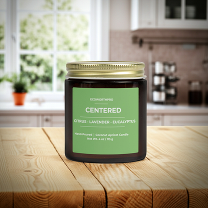 ECOWORTHPRO CENTERED eucalyptus scented mini candle displayed on a kitchen worktop, premium hand-poured coconut apricot wax wellness candle in reusable glass jar