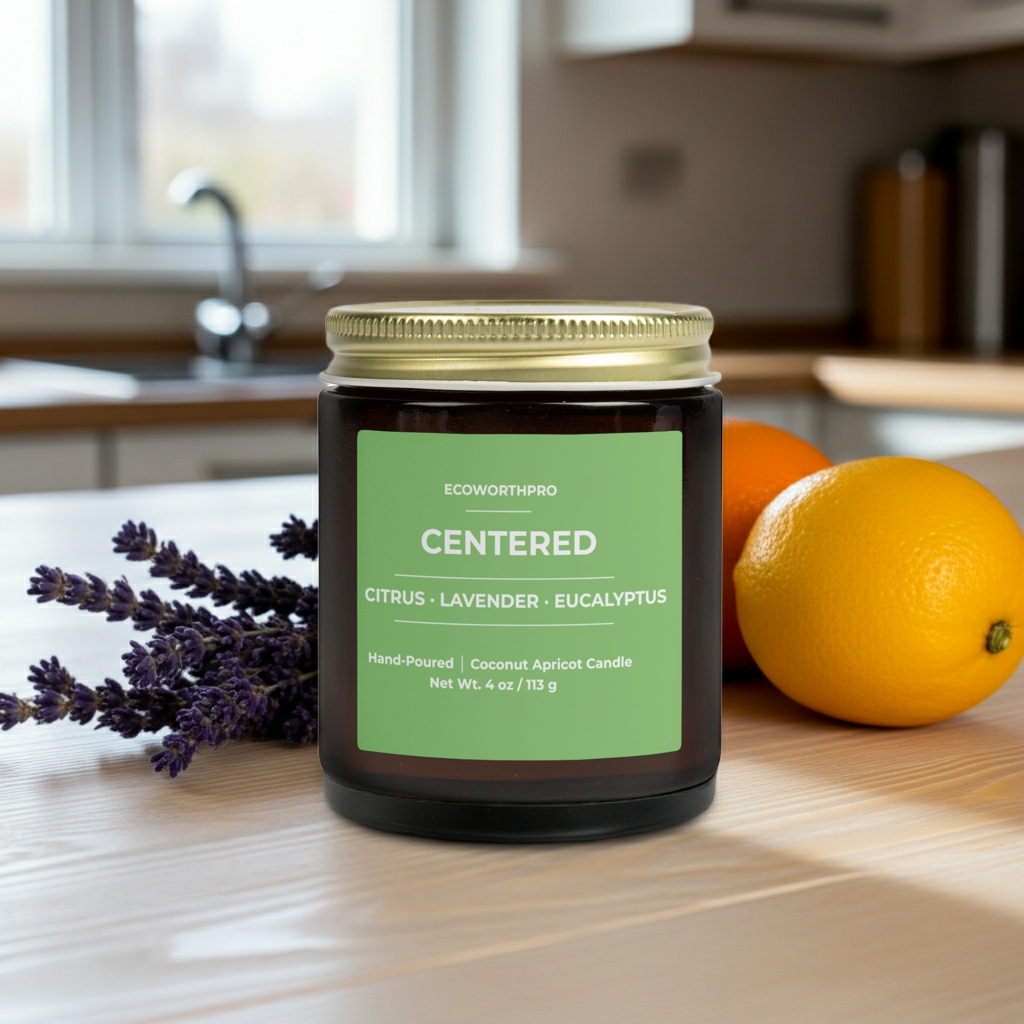 ECOWORTHPRO CENTERED lavender and bergamot mini candle displayed with fresh oranges and lavender on a kitchen worktop, clean-burning aromatherapy candle