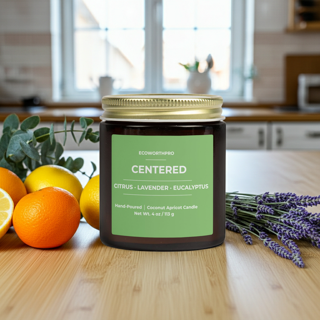 ECOWORTHPRO CENTERED lavender and citrus scented mini candle surrounded by oranges and lavender on a kitchen worktop, luxury spa-inspired home fragrance candle
