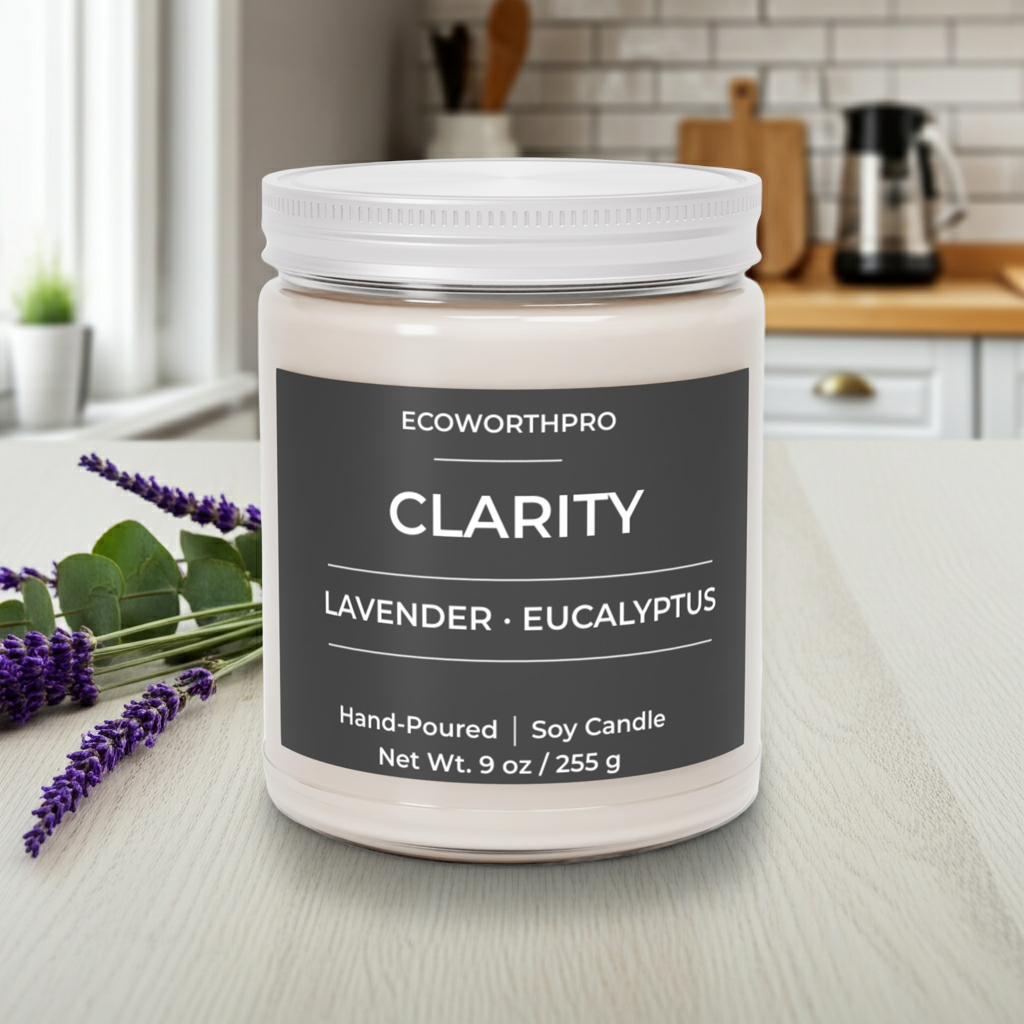 ECOWORTHPRO CLARITY lavender and eucalyptus soy candle with a secure closed lid on a kitchen worktop surrounded by fresh herbs