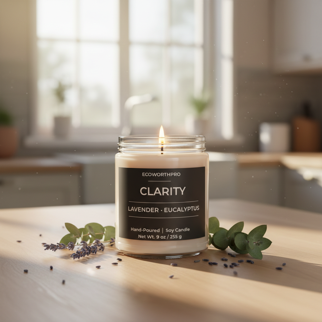 ECOWORTHPRO CLARITY lavender and eucalyptus soy wax candle burning brightly with a clean cotton wick on a worktop