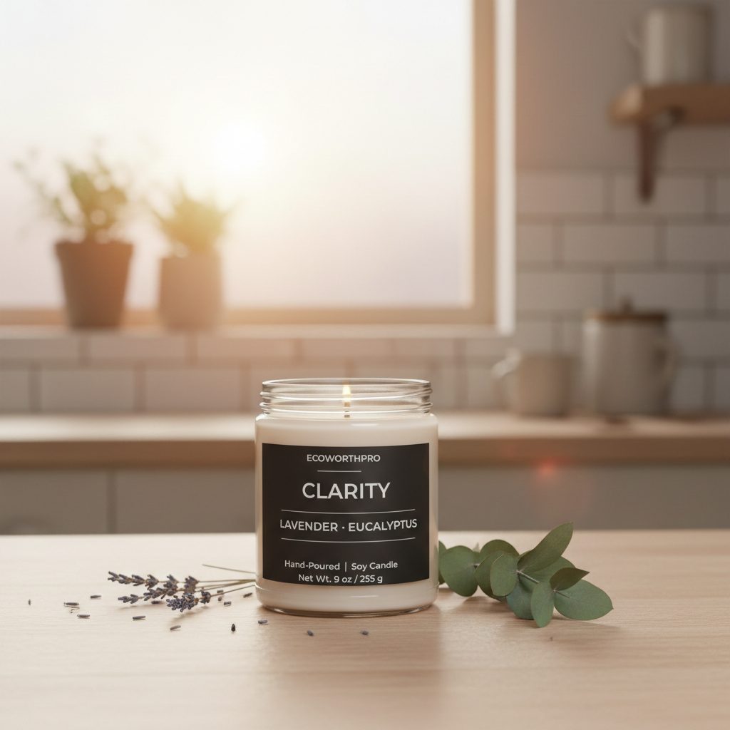 ECOWORTHPRO CLARITY non-toxic formulation soy candle burning evenly inn reusable glass jar