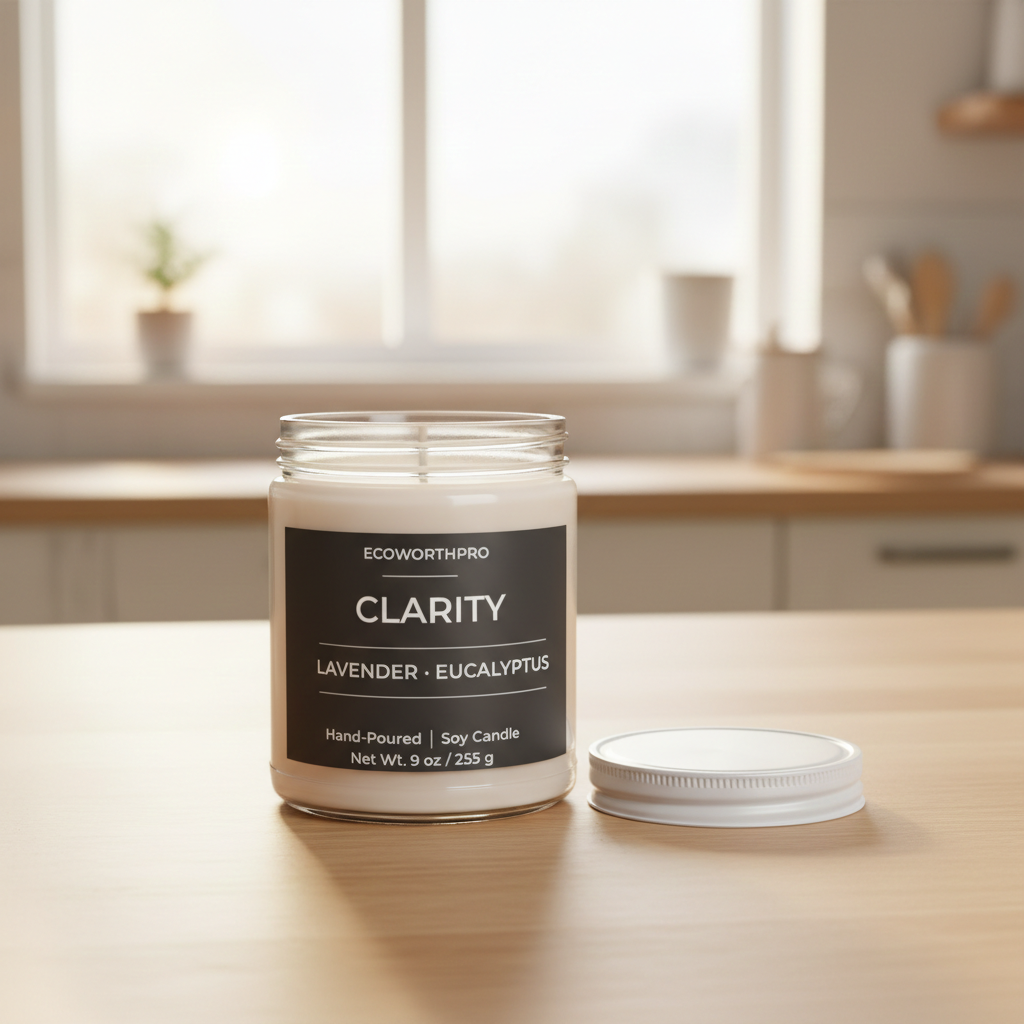 ECOWORTHPRO CLARITY refreshing eucalyptus candle unlit nestled among fresh green eucalyptus leaves on a table