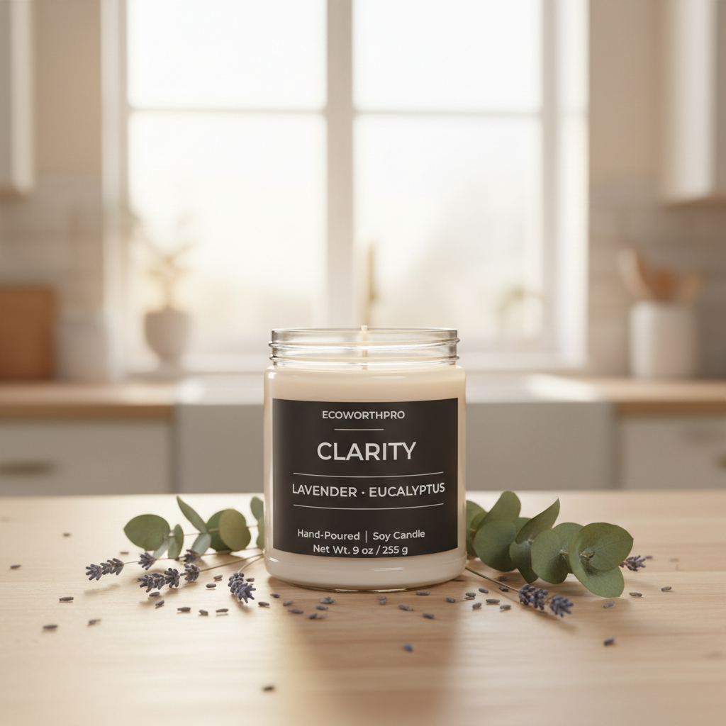 ECOWORTHPRO CLARITY calming lavender soy candle wax unlit next to fresh lavender flowers on a kitchen counter
