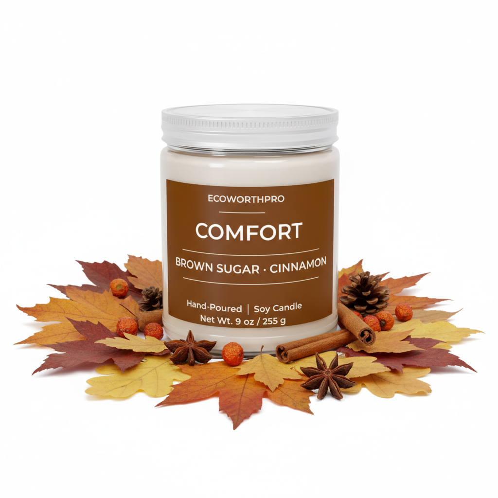 ECOWORTHPRO COMFORT brown sugar and cinnamon autumn candle resting on colorful fall leaves