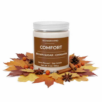 ECOWORTHPRO COMFORT brown sugar and cinnamon autumn candle resting on colorful fall leaves
