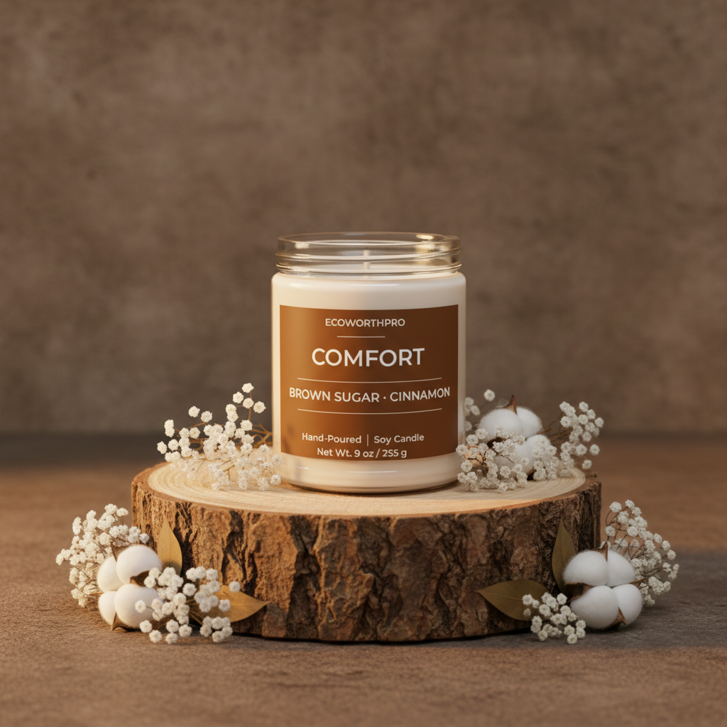 ECOWORTHPRO COMFORT brown sugar and cinnamon candle displayed on a round wooden stand with fall décor