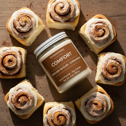 ECOWORTHPRO COMFORT brown sugar and cinnamon eco-friendly candle creating a cozy autumn baking atmosphere