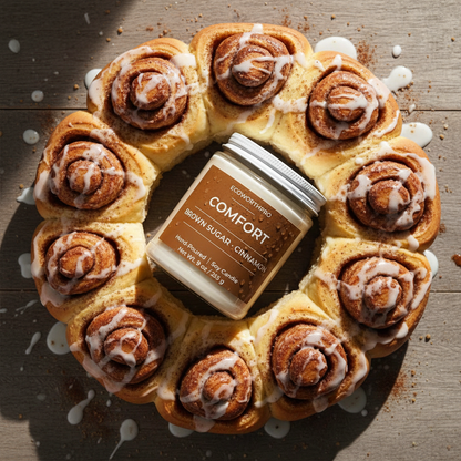 ECOWORTHPRO COMFORT brown sugar and cinnamon hand-poured soy candle with freshly baked cinnamon rolls