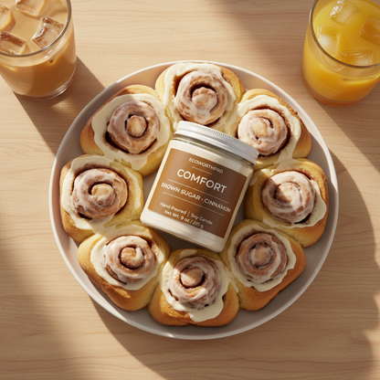 ECOWORTHPRO COMFORT brown sugar and cinnamon natural soy wax candle surrounded by warm cinnamon rolls