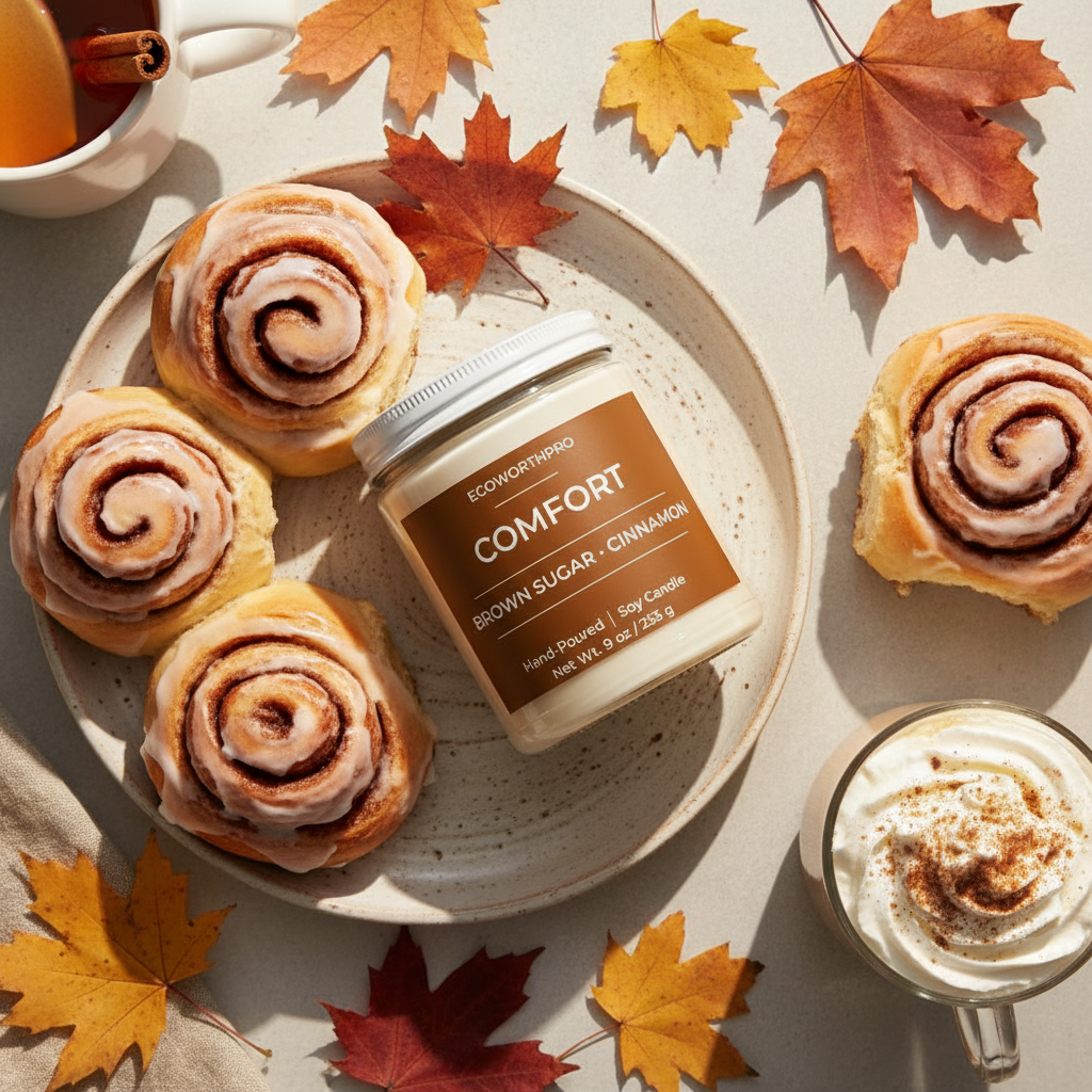 ECOWORTHPRO COMFORT brown sugar and cinnamon scented candle glowing beside sweet autumn pastries