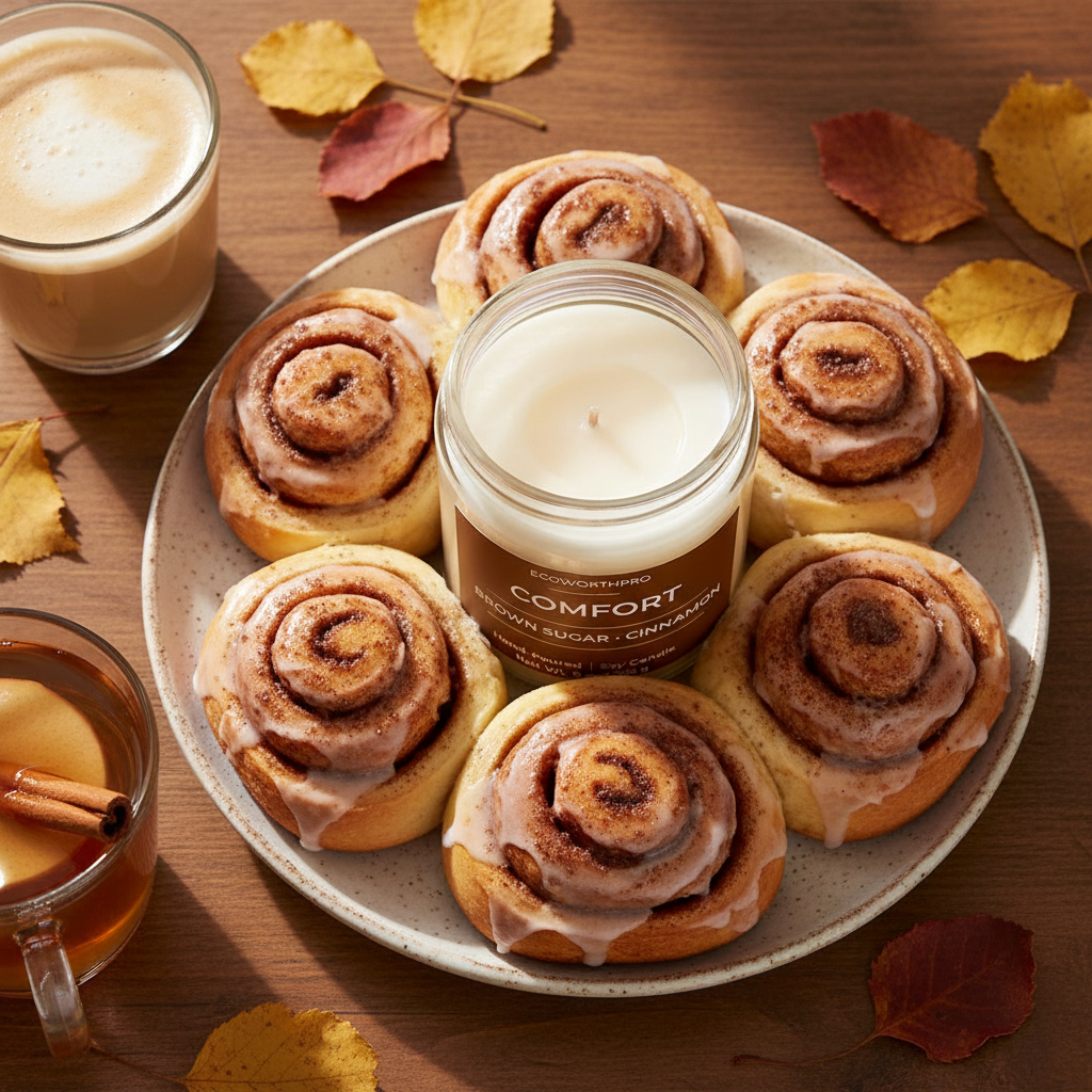 ECOWORTHPRO COMFORT brown sugar and cinnamon scented soy candle with cinnamon rolls and warm drinks