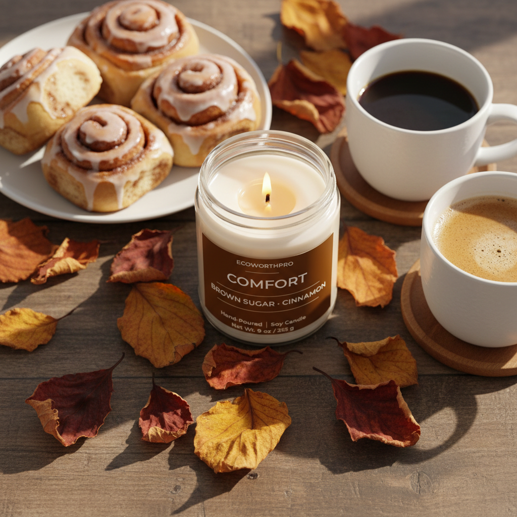 ECOWORTHPRO COMFORT brown sugar and cinnamon soy autumn fall candle with cinnamon rolls and warm drinks