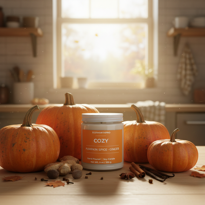 ECOWORTHPRO COZY pumpkin spice and ginger eco-friendly autumn fall candle in reusable glass jar surrounded by fall pumpkins and spices