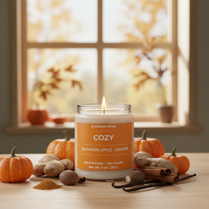 ECOWORTHPRO COZY pumpkin spice and ginger hand-poured soy autumn fall candle burning beside pumpkins and autumn spices
