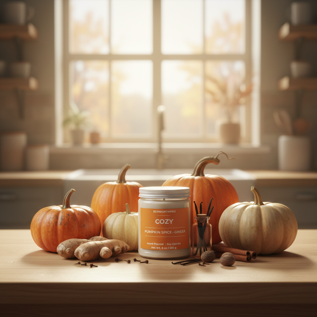 ECOWORTHPRO COZY pumpkin spice and ginger large soy candle closed with pumpkins and autumn spices on display