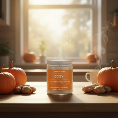 ECOWORTHPRO COZY pumpkin spice and ginger long-burning soy candle creating warm autumn atmosphere with pumpkins and spices