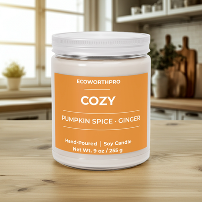 ECOWORTHPRO COZY pumpkin spice and ginger non-toxic fall candle in clean minimalist setting