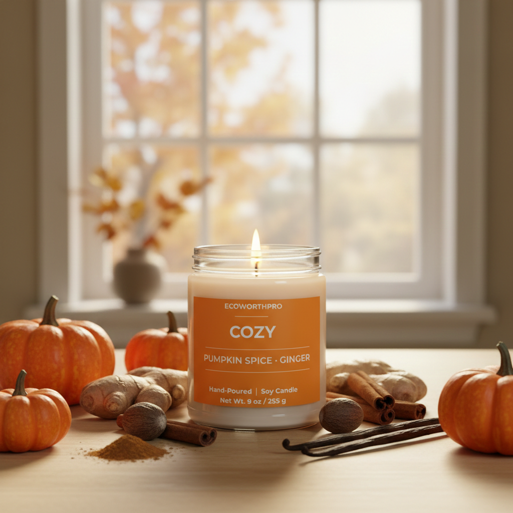 ECOWORTHPRO COZY pumpkin spice and ginger scented soy candle glowing with pumpkins cinnamon and nutmeg décor