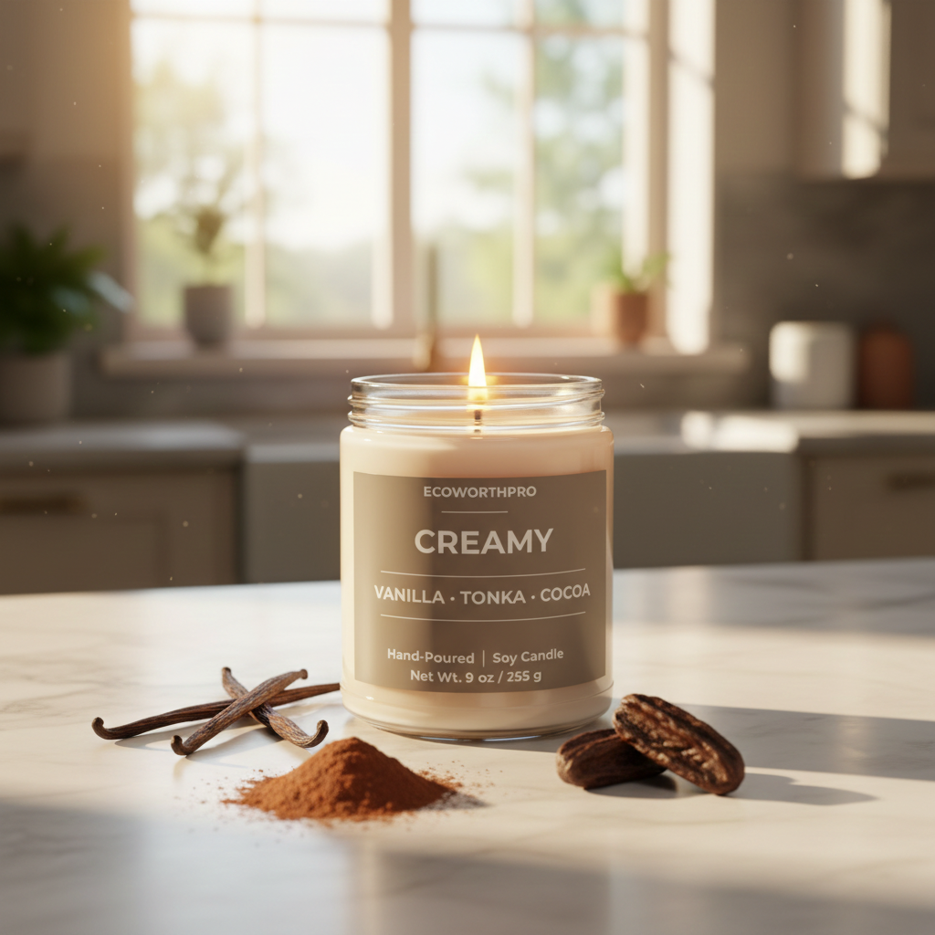 COWORTHPRO CREAMY eco-friendly candle burning beside vanilla pods tonka bean and cocoa powder