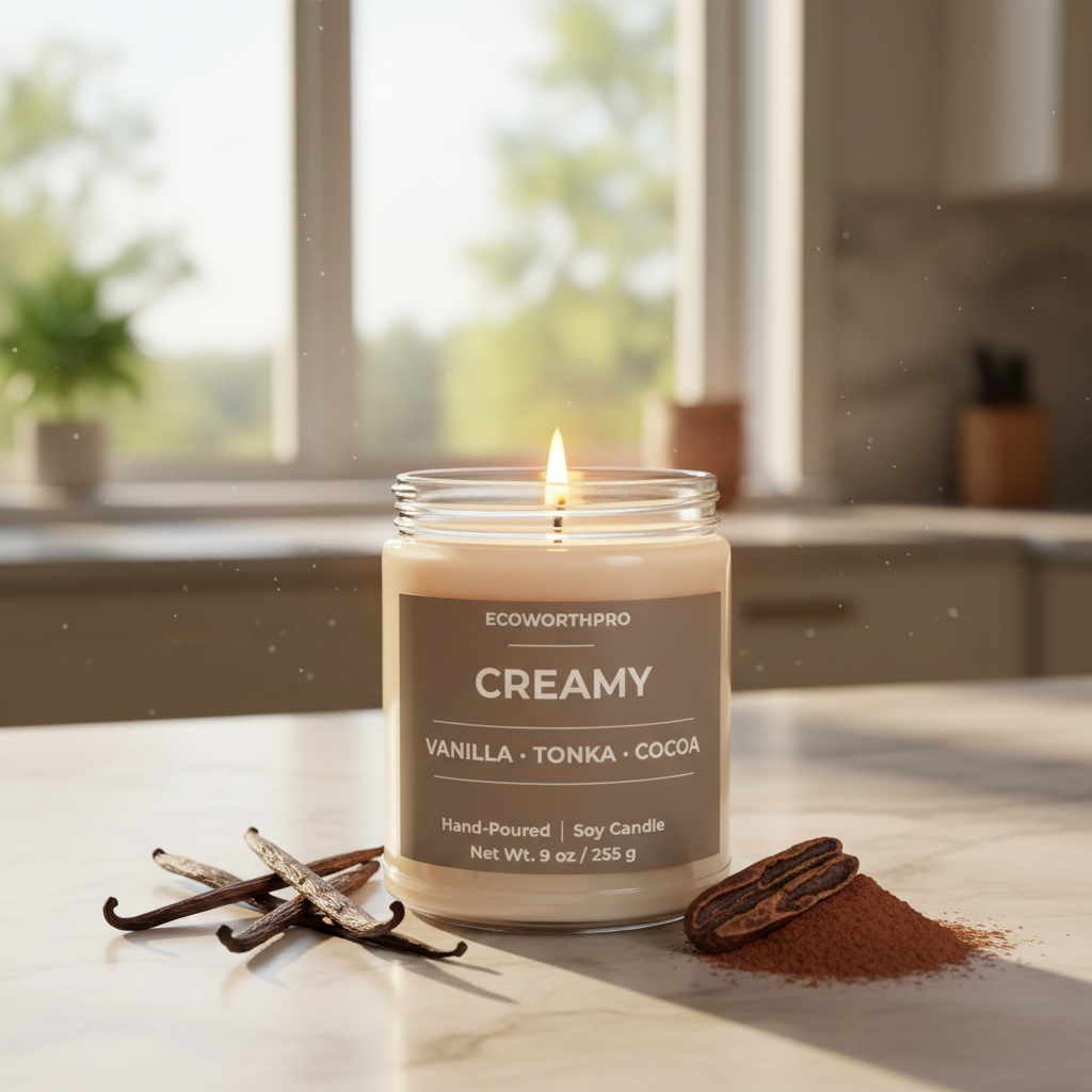 ECOWORTHPRO CREAMY hand-poured soy candle with clean cotton wick and natural fragrance ingredients