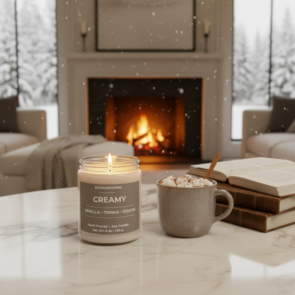 ECOWORTHPRO CREAMY large soy candle with vanilla tonka and cocoa fragrance beside a cup of hot cocoa in a cozy living room
