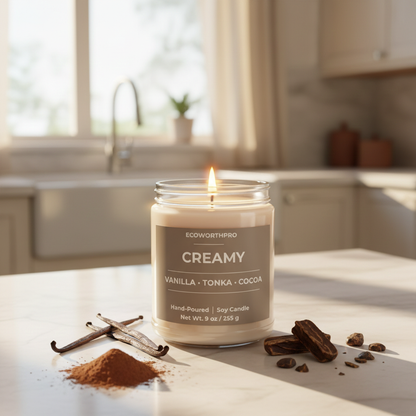 ECOWORTHPRO CREAMY natural soy wax candle with vanilla tonka and cocoa scent in a kitchen setting