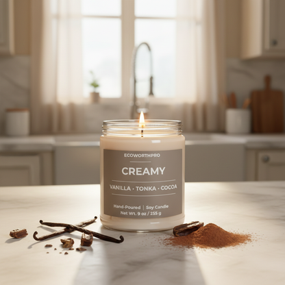 ECOWORTHPRO CREAMY non-toxic soy candle glowing among vanilla pods and cocoa powder