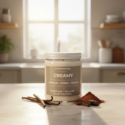 ECOWORTHPRO CREAMY reusable glass jar candle burning brightly with vanilla tonka bean and cocoa powder on a kitchen worktop