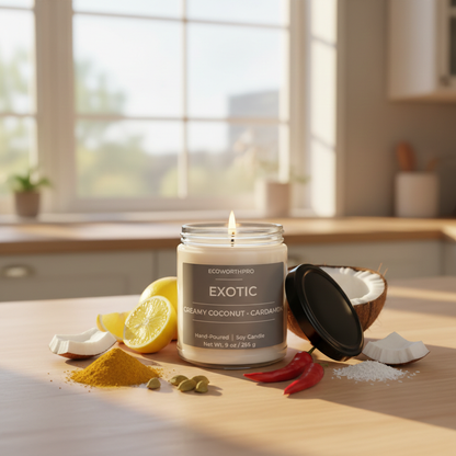 ECOWORTHPRO EXOTIC creamy coconut and cardamom clean-burning soy candle with aromatic spices coconut and citrus ingredients
