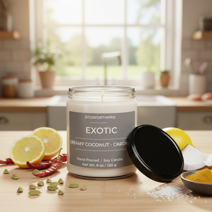 ECOWORTHPRO EXOTIC creamy coconut and cardamom eco-friendly candle with lemon cardamom coconut and spicy pepper ingredients on kitchen worktop