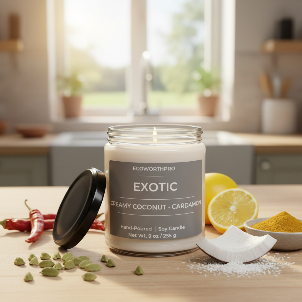 ECOWORTHPRO EXOTIC creamy coconut and cardamom hand-poured soy fall candle burning beside coconut, lemon and cardamom ingredients