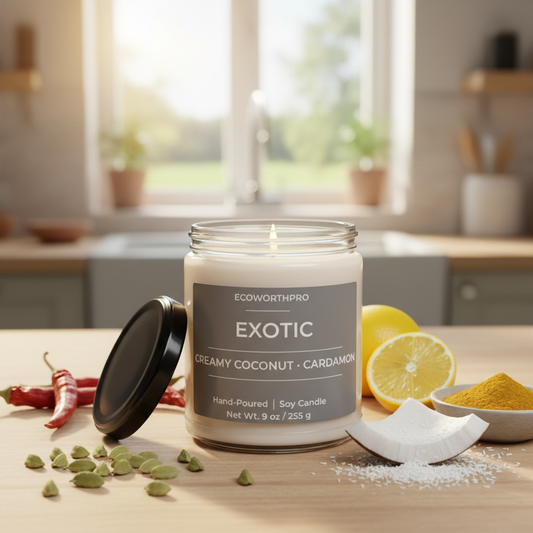 ECOWORTHPRO EXOTIC creamy coconut and cardamom hand-poured soy fall candle burning beside coconut, lemon and cardamom ingredients