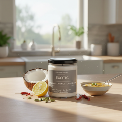 ECOWORTHPRO EXOTIC creamy coconut and cardamom large soy candle surrounded by lemon curry cardamom coconut and musk ingredients on kitchen worktop