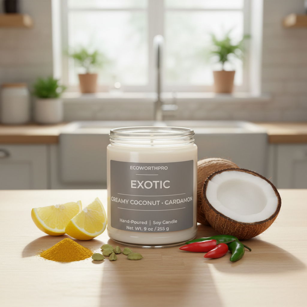 ECOWORTHPRO EXOTIC creamy coconut and cardamom natural soy wax candle surrounded by coconut lemon curry and musk-inspired ingredients