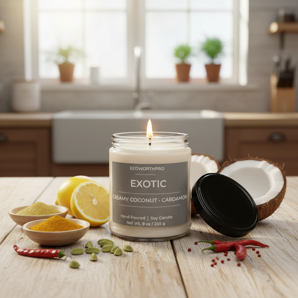 ECOWORTHPRO EXOTIC creamy coconut and cardamom non-toxic candle glowing with spicy pepper curry and coconut ingredients
