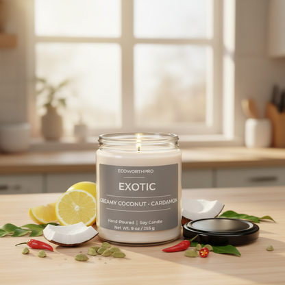 ECOWORTHPRO EXOTIC creamy coconut and cardamom scented soy candle surrounded by citrus coconut and warming spices