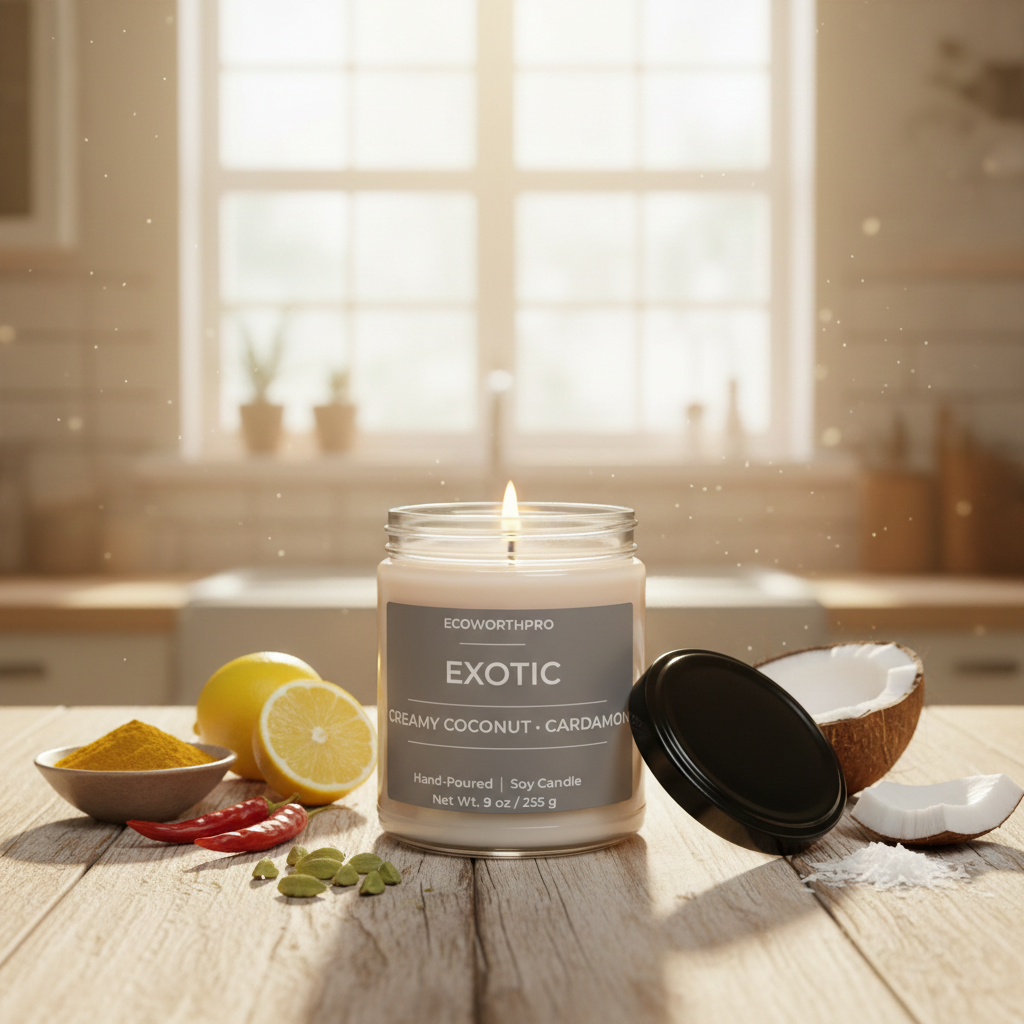 ECOWORTHPRO EXOTIC creamy coconut and cardamom sustainable soy candle burning with fresh lemon coconut and cardamom pods