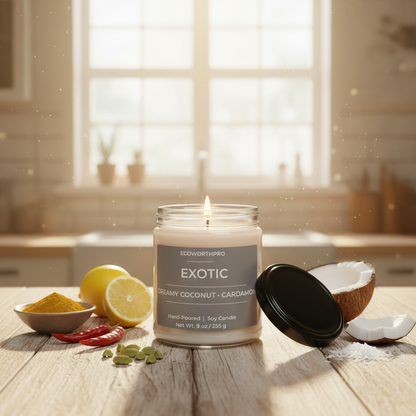 ECOWORTHPRO EXOTIC creamy coconut and cardamom sustainable soy candle burning with fresh lemon coconut and cardamom pods