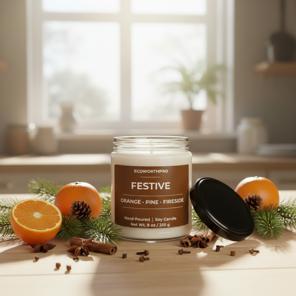ECOWORTHPRO FESTIVE orange pine and fireside clean-burning soy candle surrounded by orange spice fir needle pinewood and smoky fireside ingredients