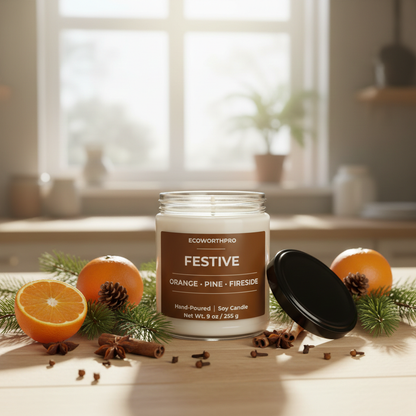 ECOWORTHPRO FESTIVE orange pine and fireside clean-burning soy candle surrounded by orange spice fir needle pinewood and smoky fireside ingredients
